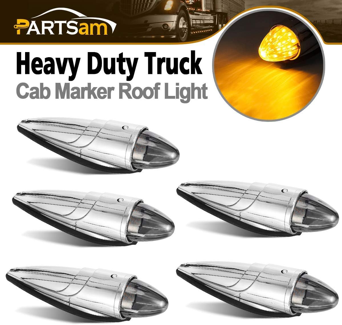 5PCS 17 LED Amber Cab Marker Roof Running Lights Assembly Chrome Heavy Duty Trucks O50344