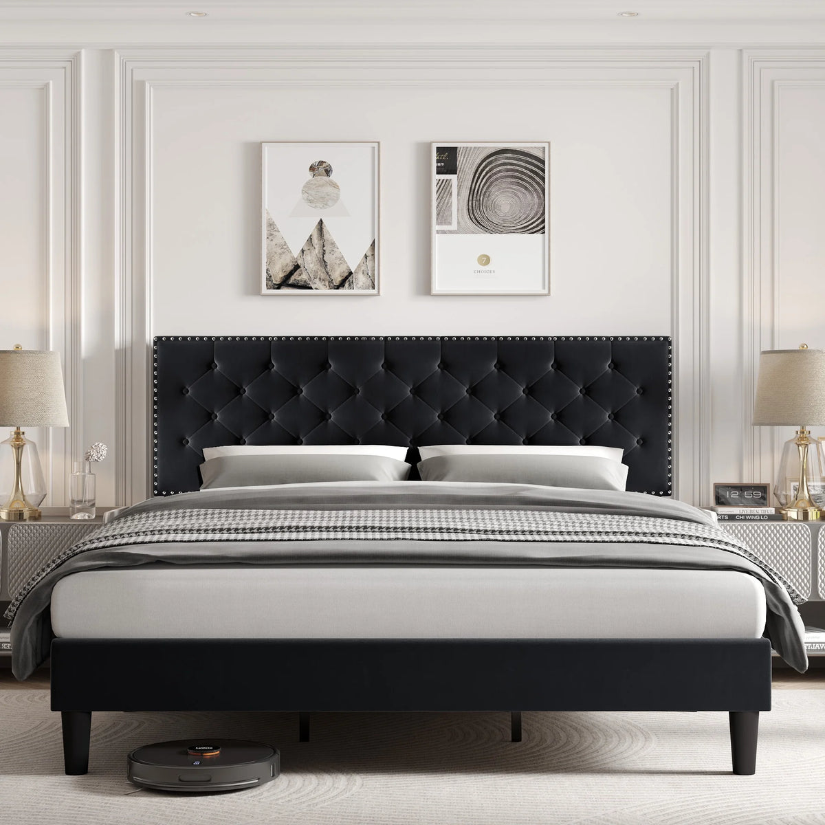 King Size Upholstered Platform Bed with Adjustable Headboard F152