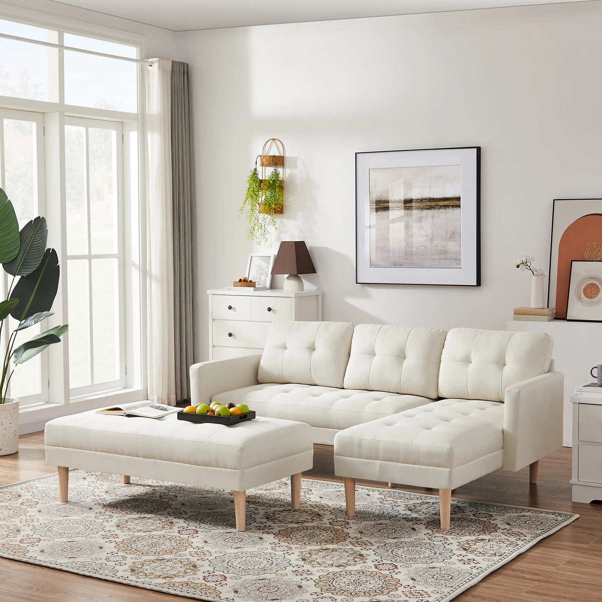 Beige L-shape Sectional Sofa Bed with Ottoman Bench Y65003