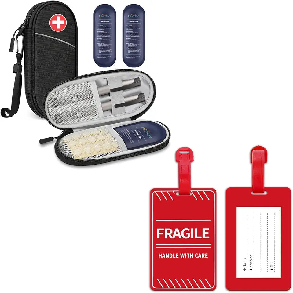 Black Insulin Cooler Travel Case with 2 Ice Packs and 2 Pack Fragile Luggage Tag S102