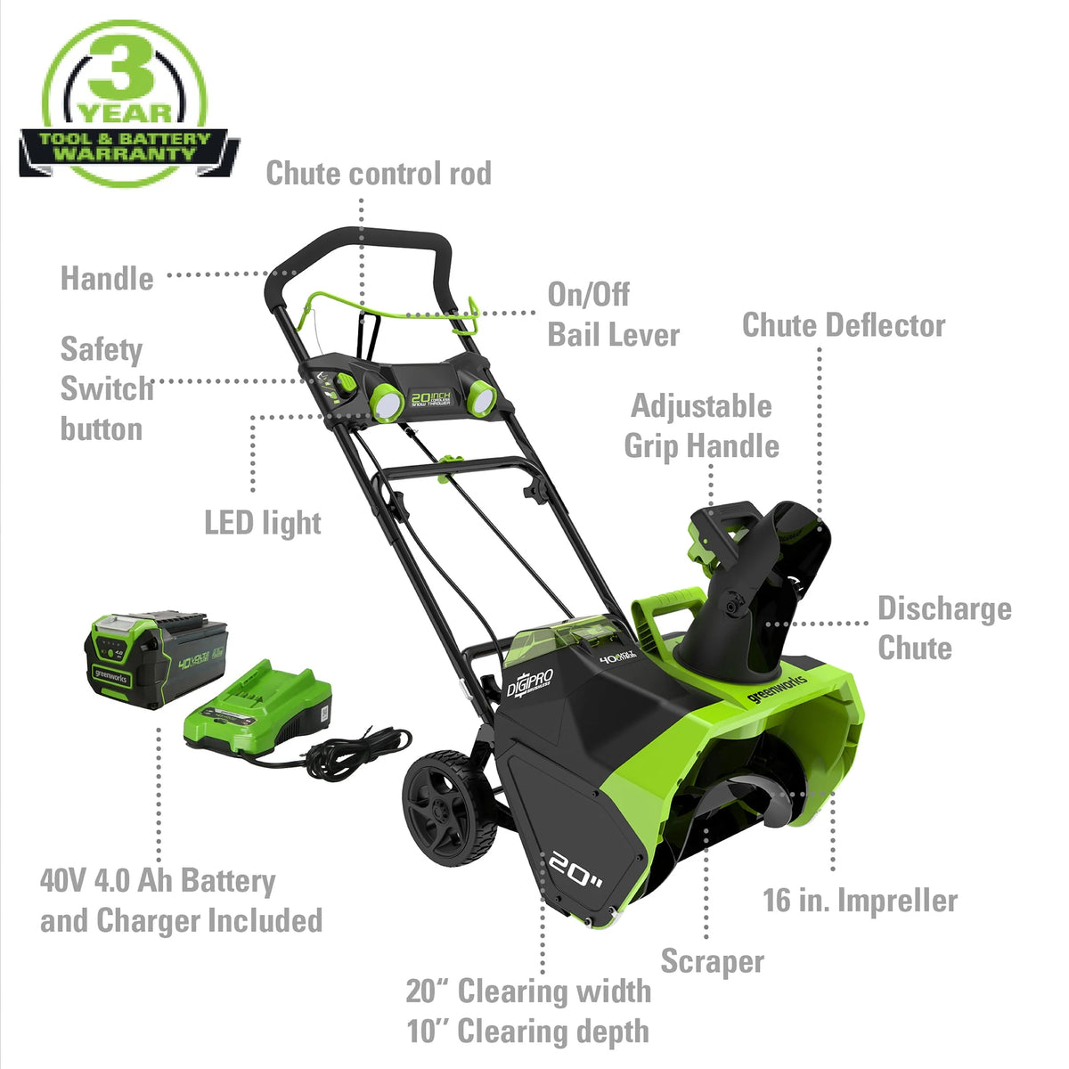 40V 20-inch Cordless Brushless Snow Blower with Battery and Charger H913