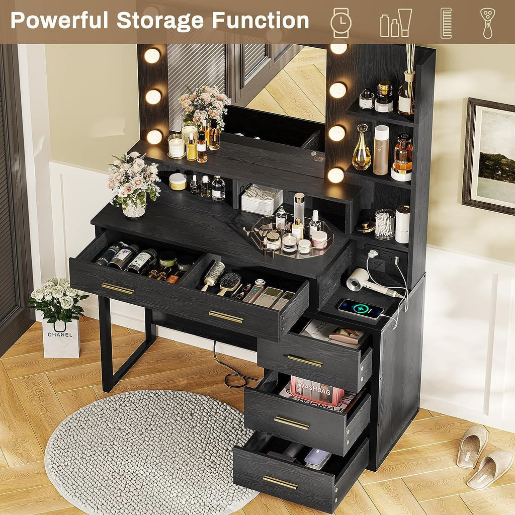 Black Makeup Vanity with Lights and Charging Station, 5 Drawers and Mirror E622034