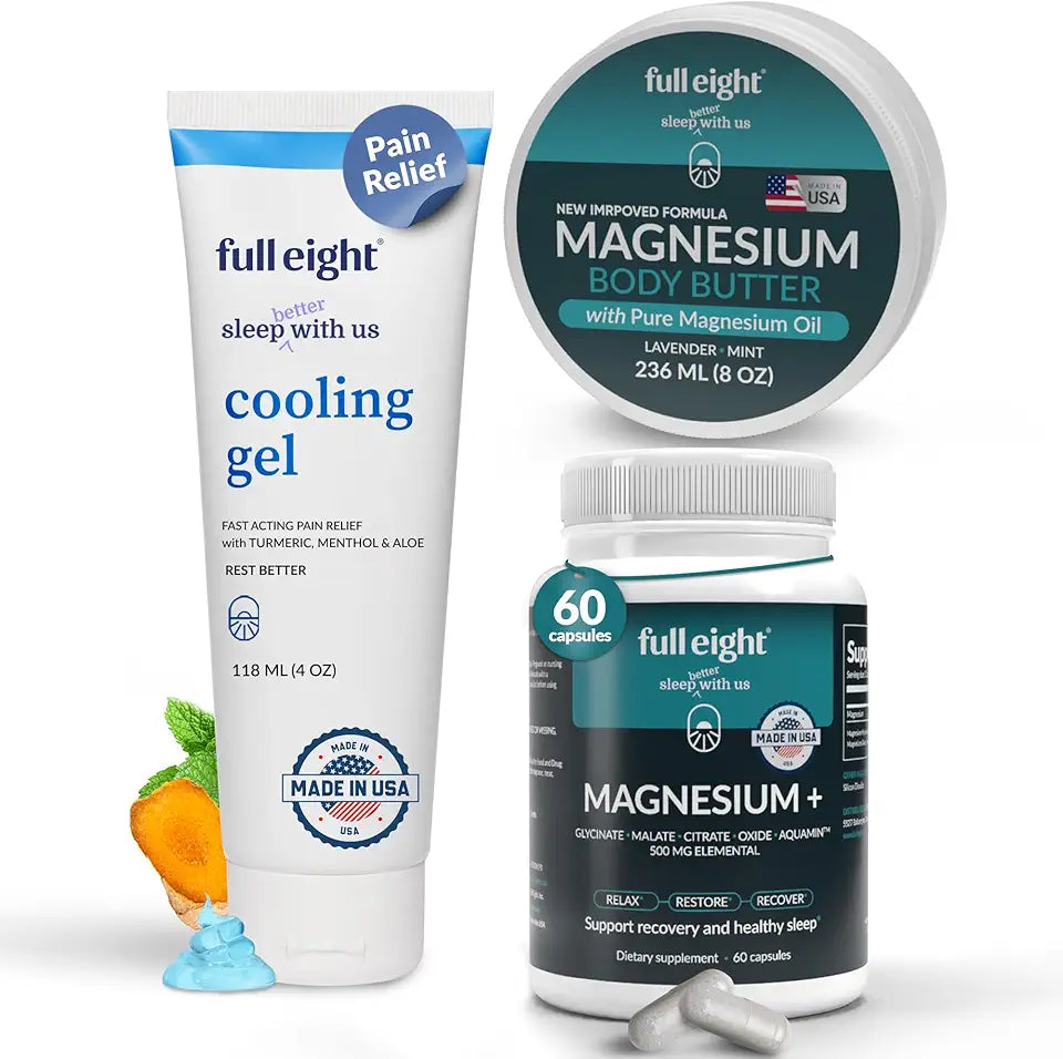 Magnesium Glycinate 500MG 60 Caps, Cooling Gel with Turmeric & Aloe 4 oz & Magnesium Body Butter 8 oz J3459