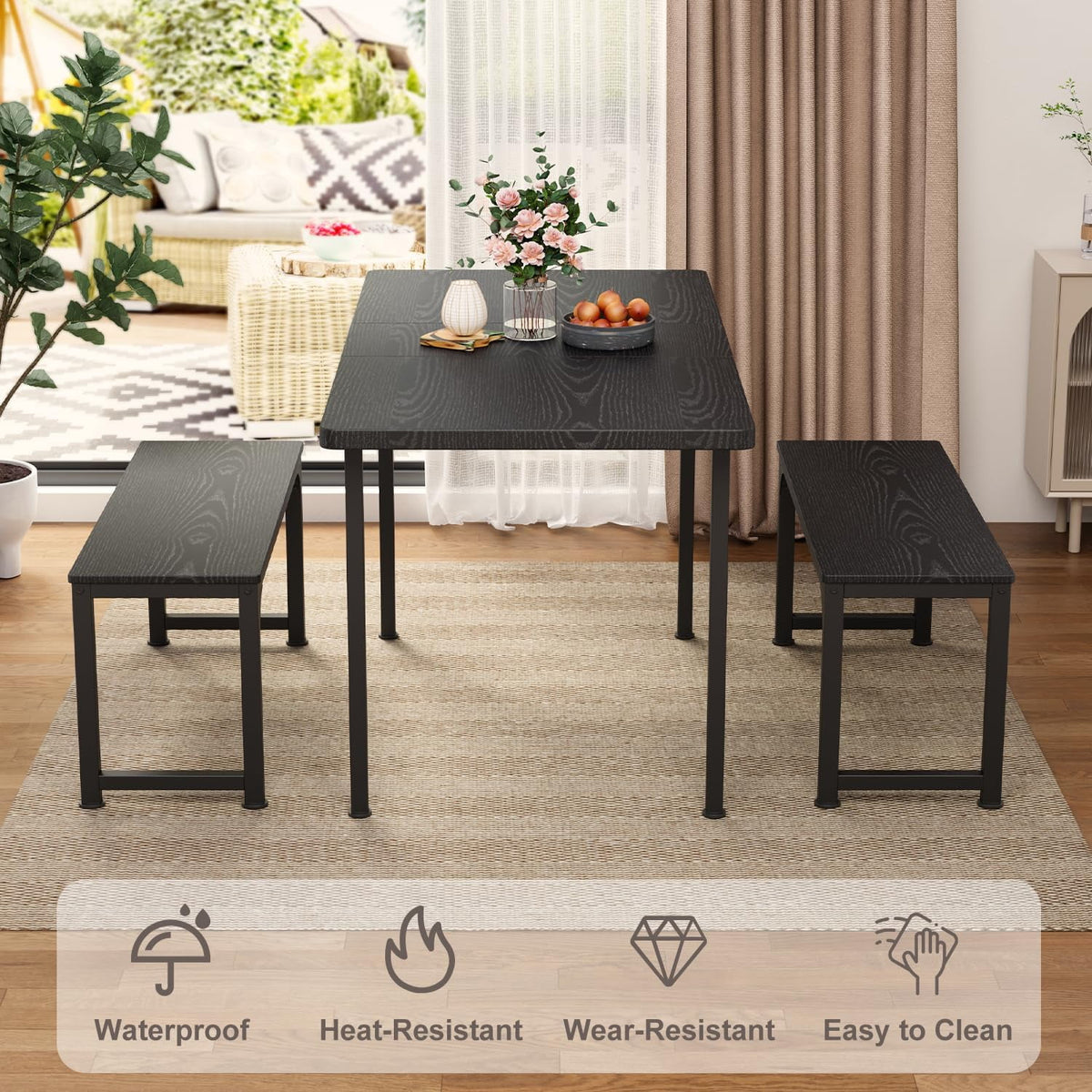 Black Extendable Dining Table Set with 2 Benches C28575