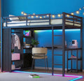 Queen Size Black Metal Loft Bed with L Desk and Wardrobe C4185