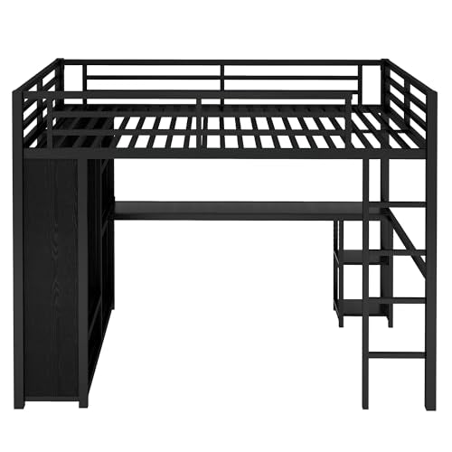 Queen Size Black Metal Loft Bed with L Desk and Wardrobe C4185