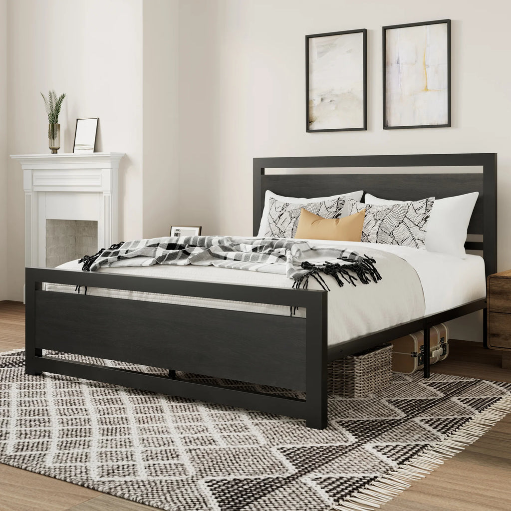 Queen Size Metal Platform Bed Frame with Headboard & Footboard I1732