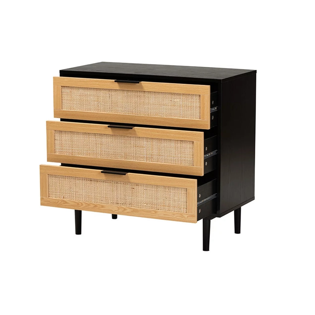 Espresso Brown Wood and Rattan 3-Drawer Dresser I4755