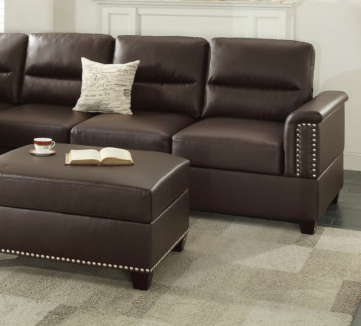 Espresso Faux Leather Sectional Sofa V9143