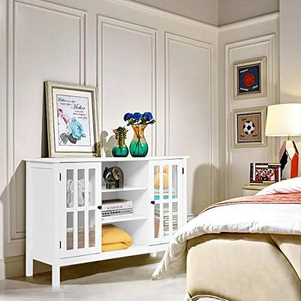 White Modern TV Stand up to 50 Inch with 2 Cabinets and 3 Open Shelves D829