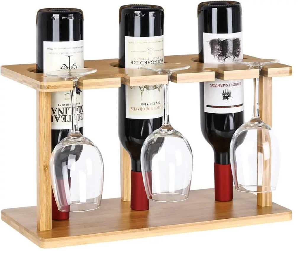 Bamboo Wine Rack Holds 3 Bottles & 3 Glasses H722173