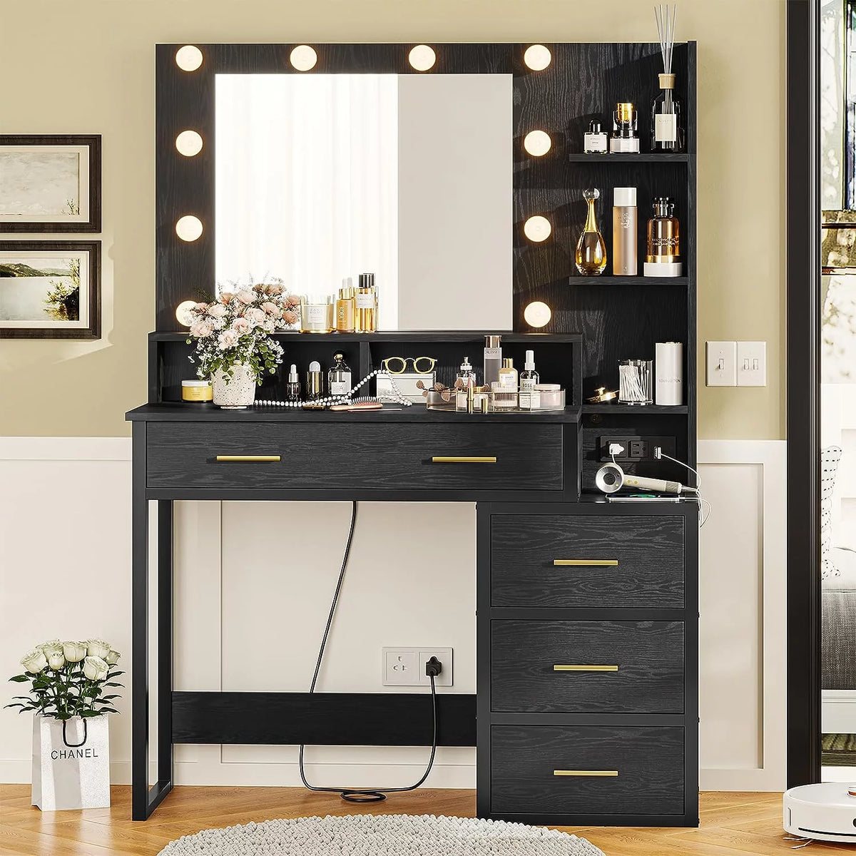 Black Makeup Vanity with Lights and Charging Station, 5 Drawers and Mirror E622034