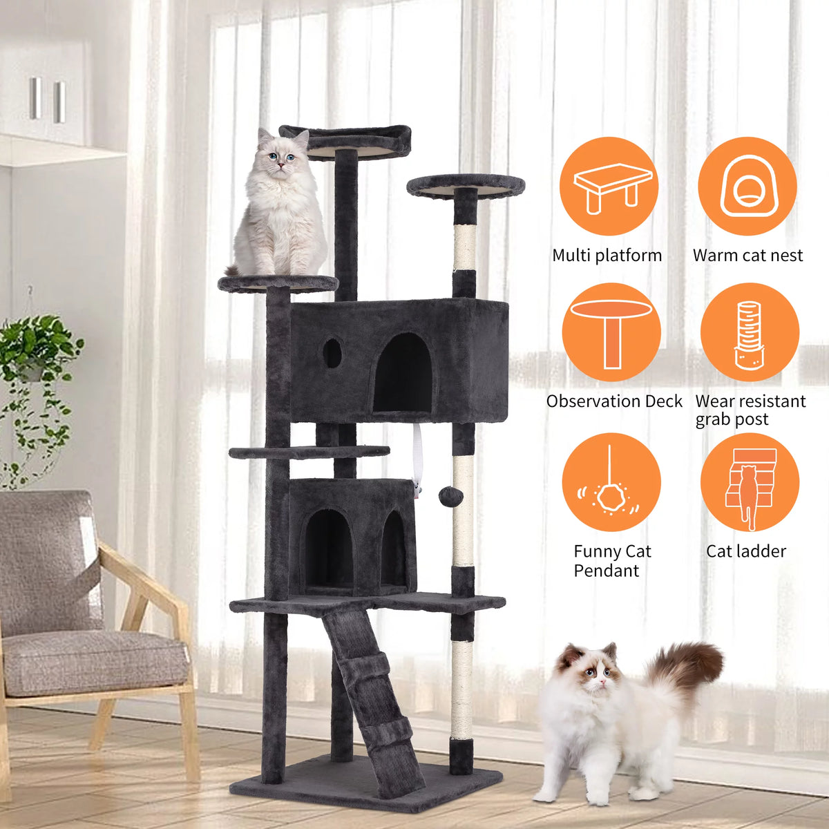 70in Dark Gray Cat Tree Tower with Scratching Posts L4495