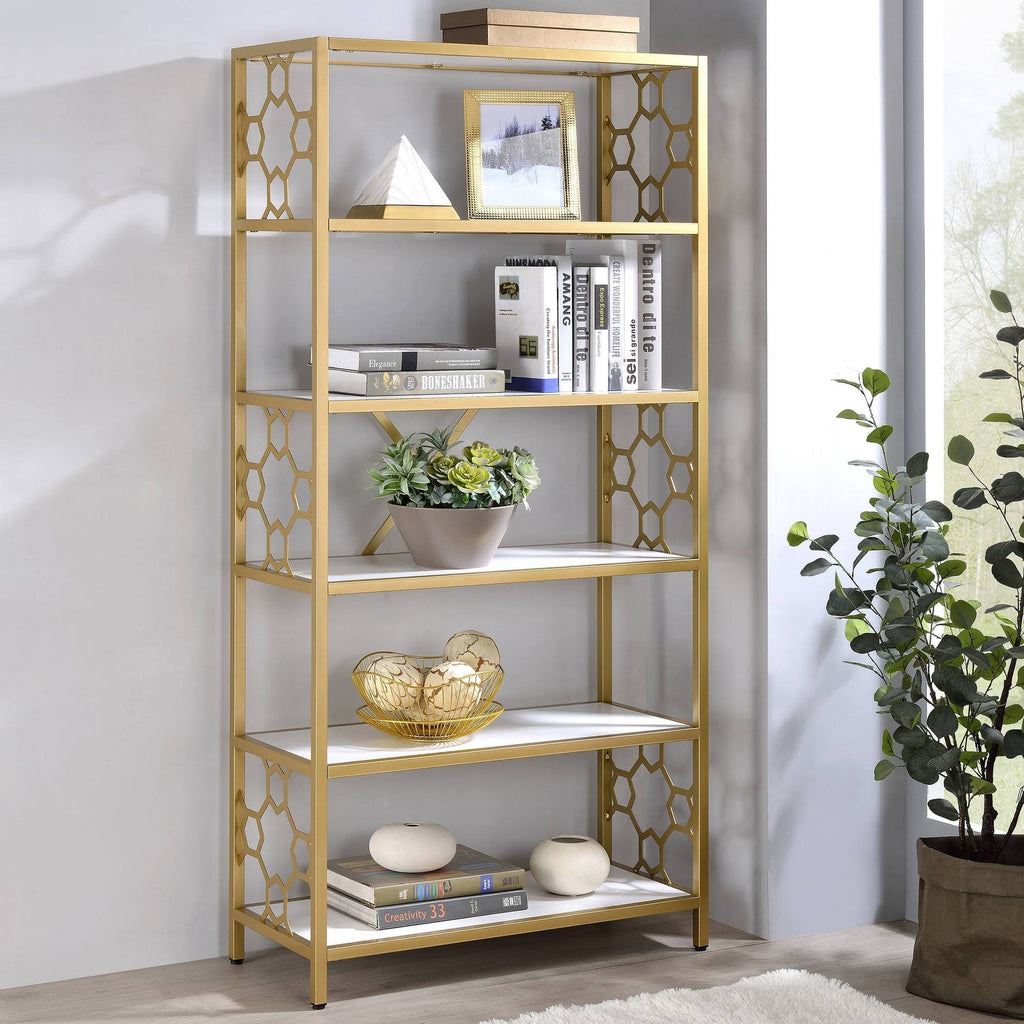 White/Gold 6 Shelf Bookcase A8025