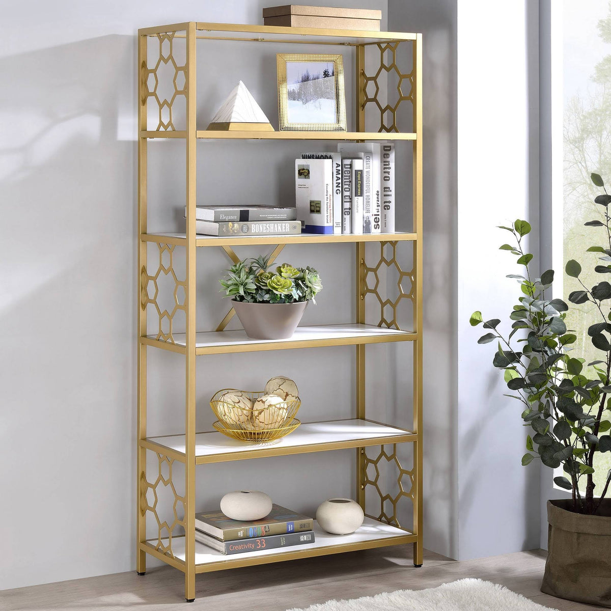 White/Gold 6 Shelf Bookcase A8025