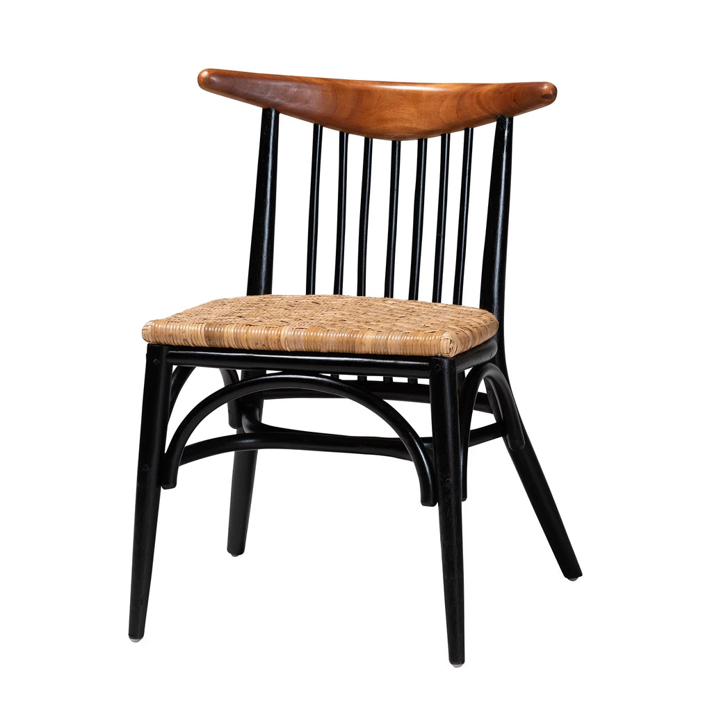 Black and Walnut Brown Wood and Rattan Dining Chair C3048