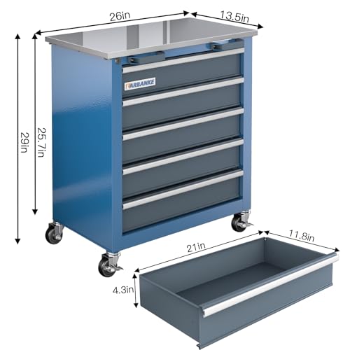 5 Drawer Rolling Tool Chest with Locking System and Stainless Top H823