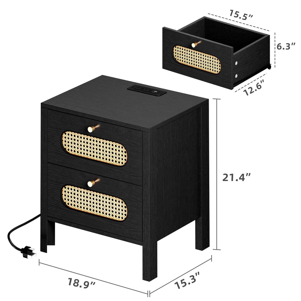 Black Rattan Nightstand with Charging Station X266496