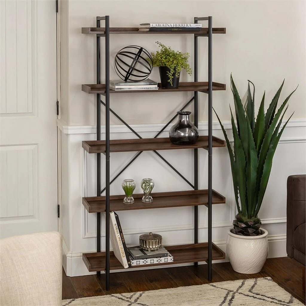 5 Shelf Dark Walnut Wood Bookshelf Set of 2 I98471