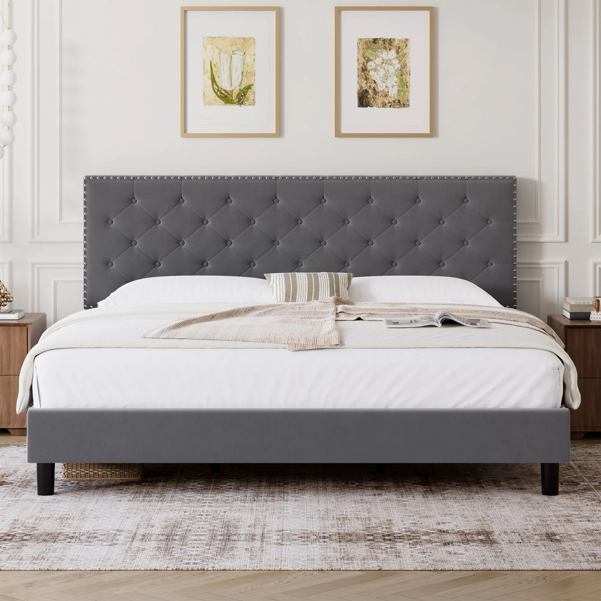 King Size Upholstered Platform Bed with Adjustable Headboard F152