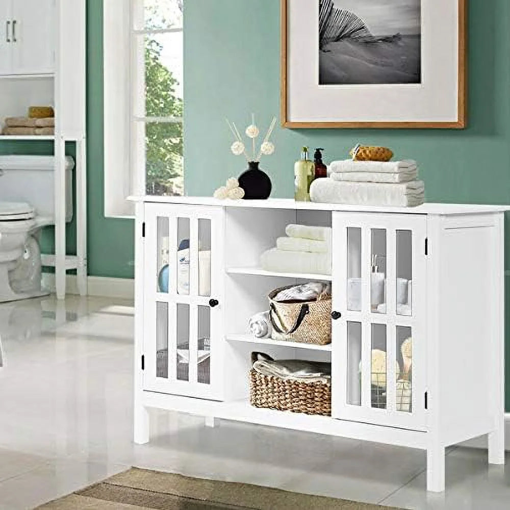 White Modern TV Stand up to 50 Inch with 2 Cabinets and 3 Open Shelves D829
