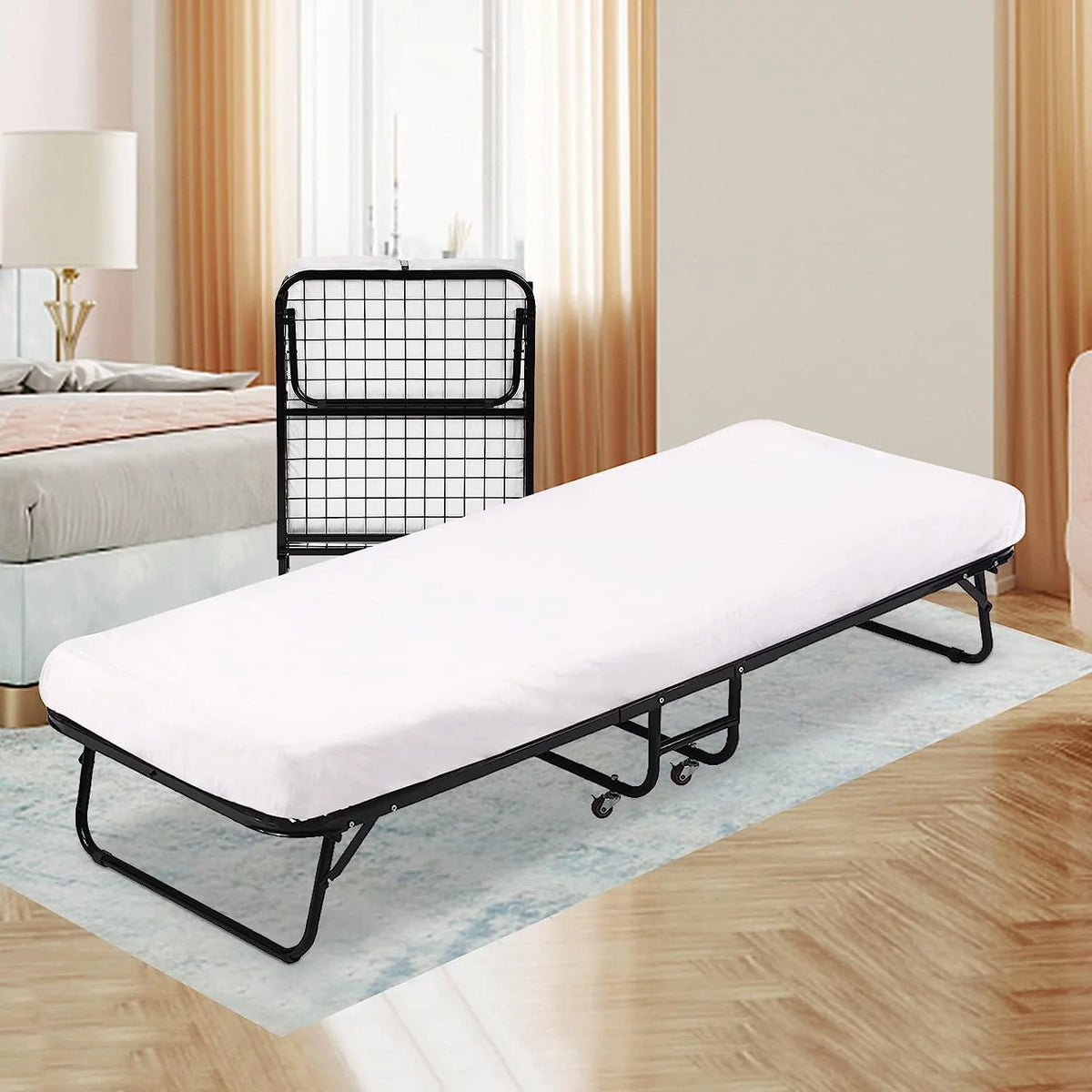 Folding Bed with Memory Foam Mattress and Wheels T38718