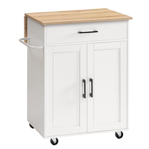 White Drop Leaf Kitchen Island on Wheels with Drawer Q365