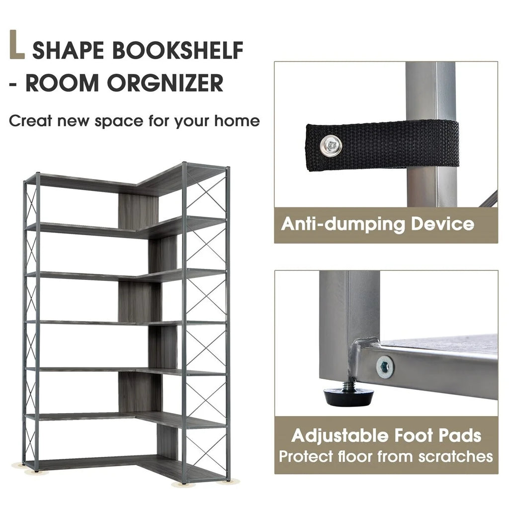 L-Shaped 7-Tier Corner Bookcase with Metal Frame S704210