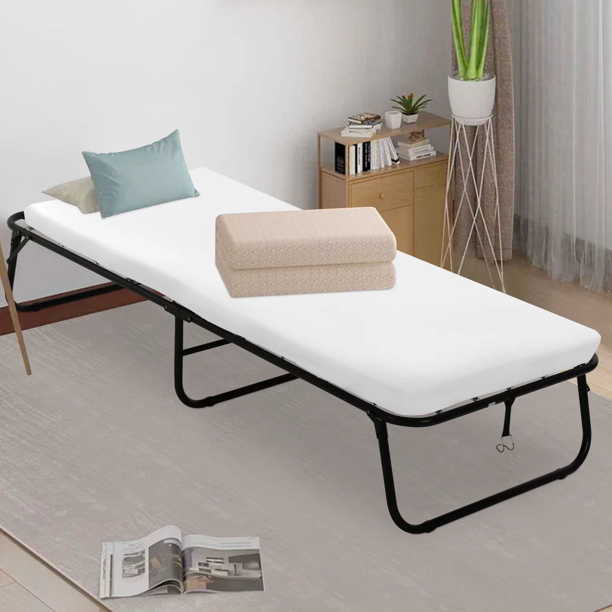 Folding Bed with Memory Foam Mattress and Wheels T38718