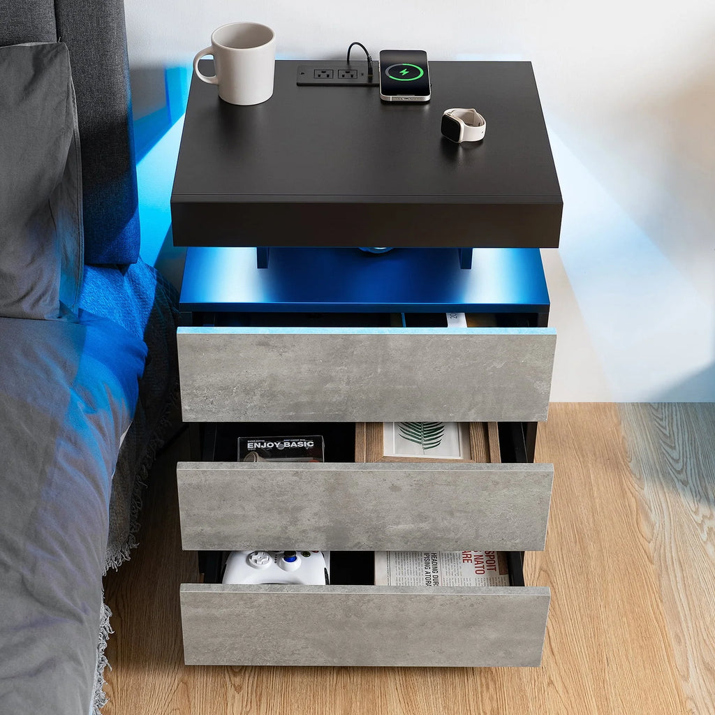 Black 2 Drawer LED Nightstand with Charging Station E6810