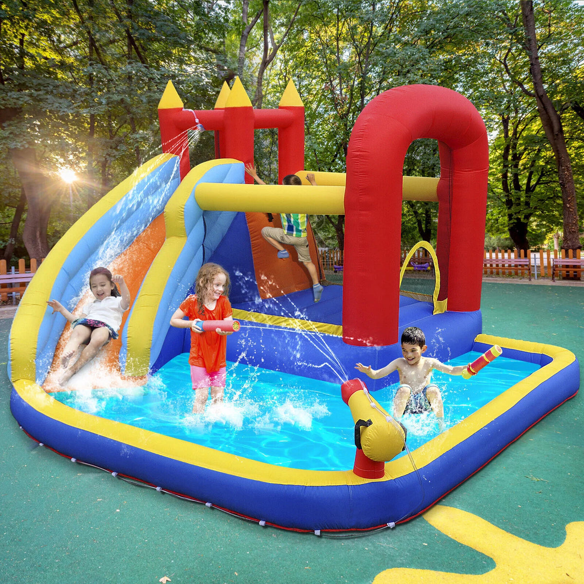 Inflatable Water Slide Bounce House with Pool, Basketball Hoop, Air Blower N65039