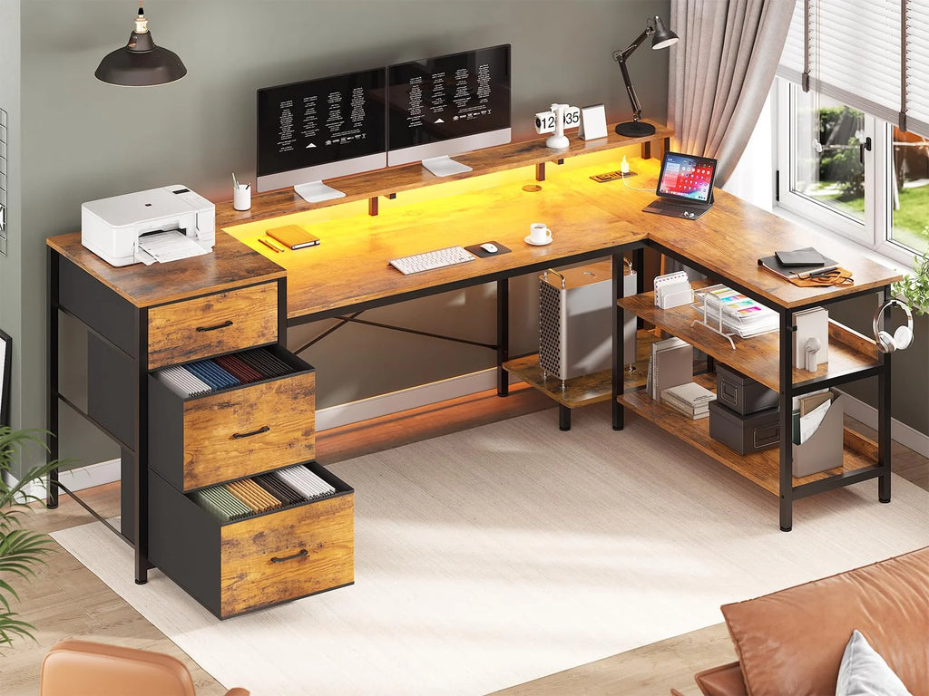L Shaped Desk with LED Light, 67" Home Office Desk with 2 File Drawer and Power Outlet, Monitor Shelf, Storage Shelves, Brown Y132