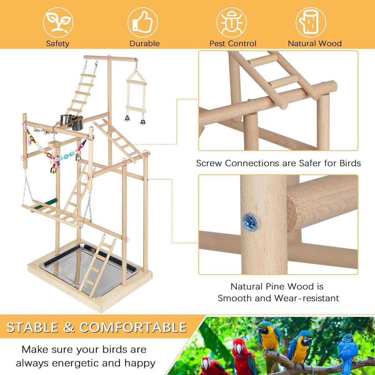 Wood Bird Playstand with Feeder Cups and Bells Q6569