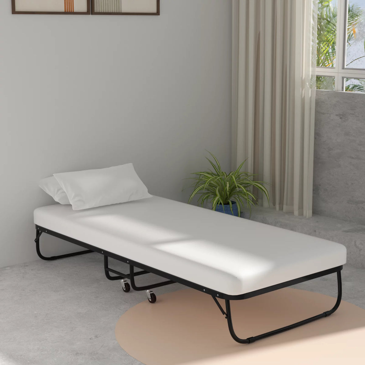 Folding Bed with Memory Foam Mattress and Wheels T38718
