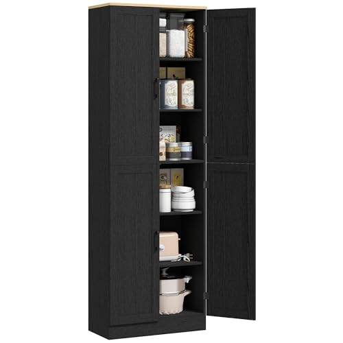 67" Distressed Black 4-Door Kitchen Pantry Cabinet T8082