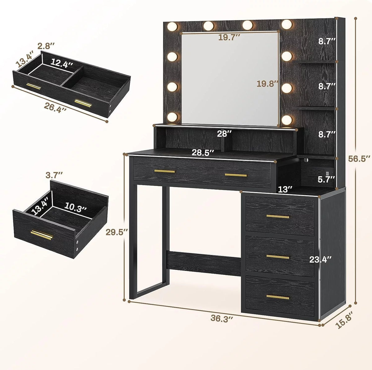 Black Makeup Vanity with Lights and Charging Station, 5 Drawers and Mirror E622034