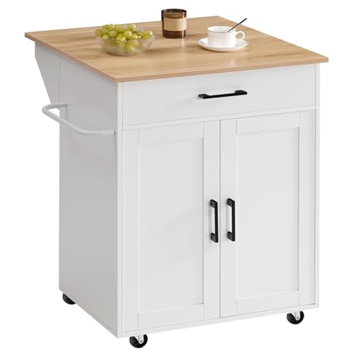 White Drop Leaf Kitchen Island on Wheels with Drawer Q365