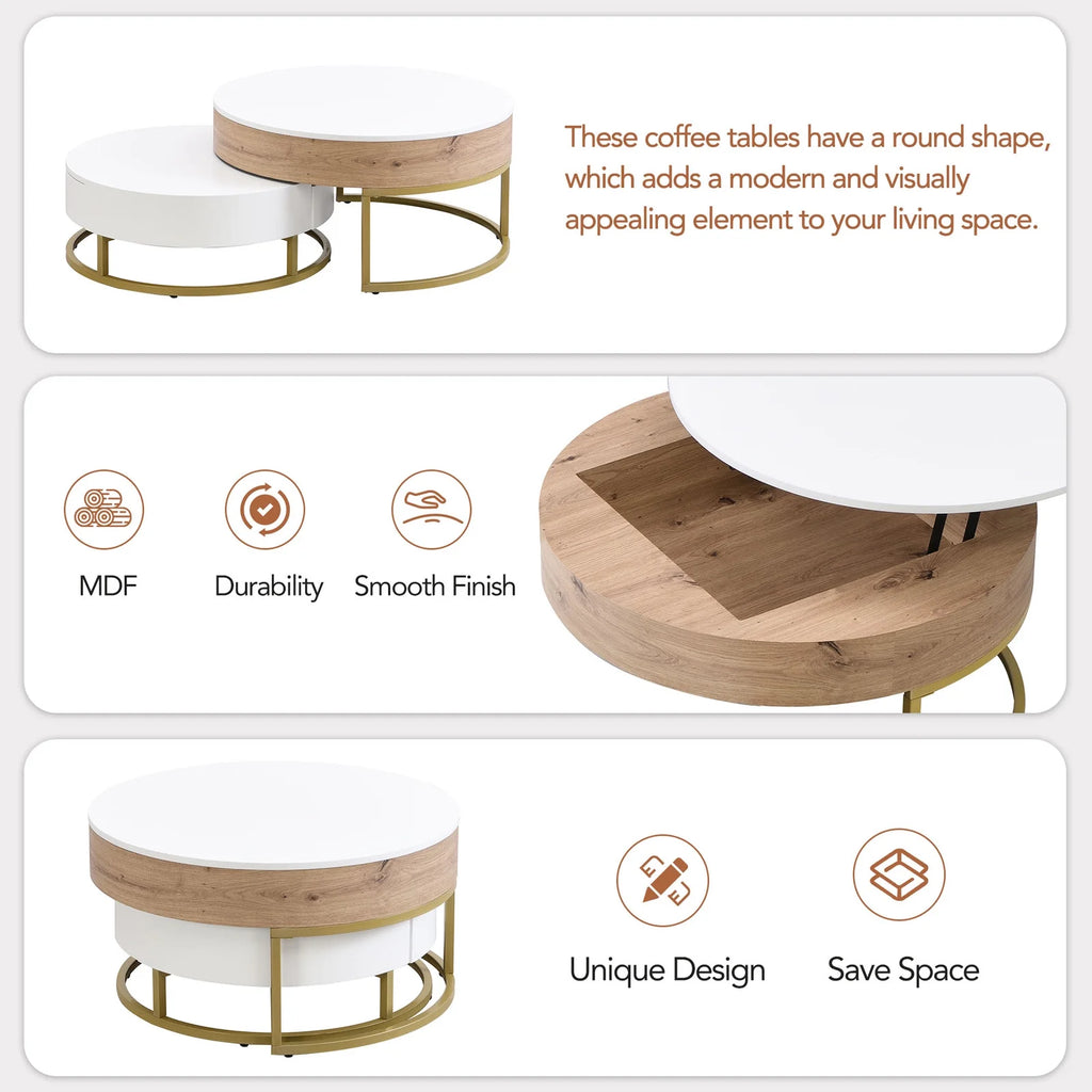 Round Lift-top Nesting Coffee Tables with 2 Drawers Q49693