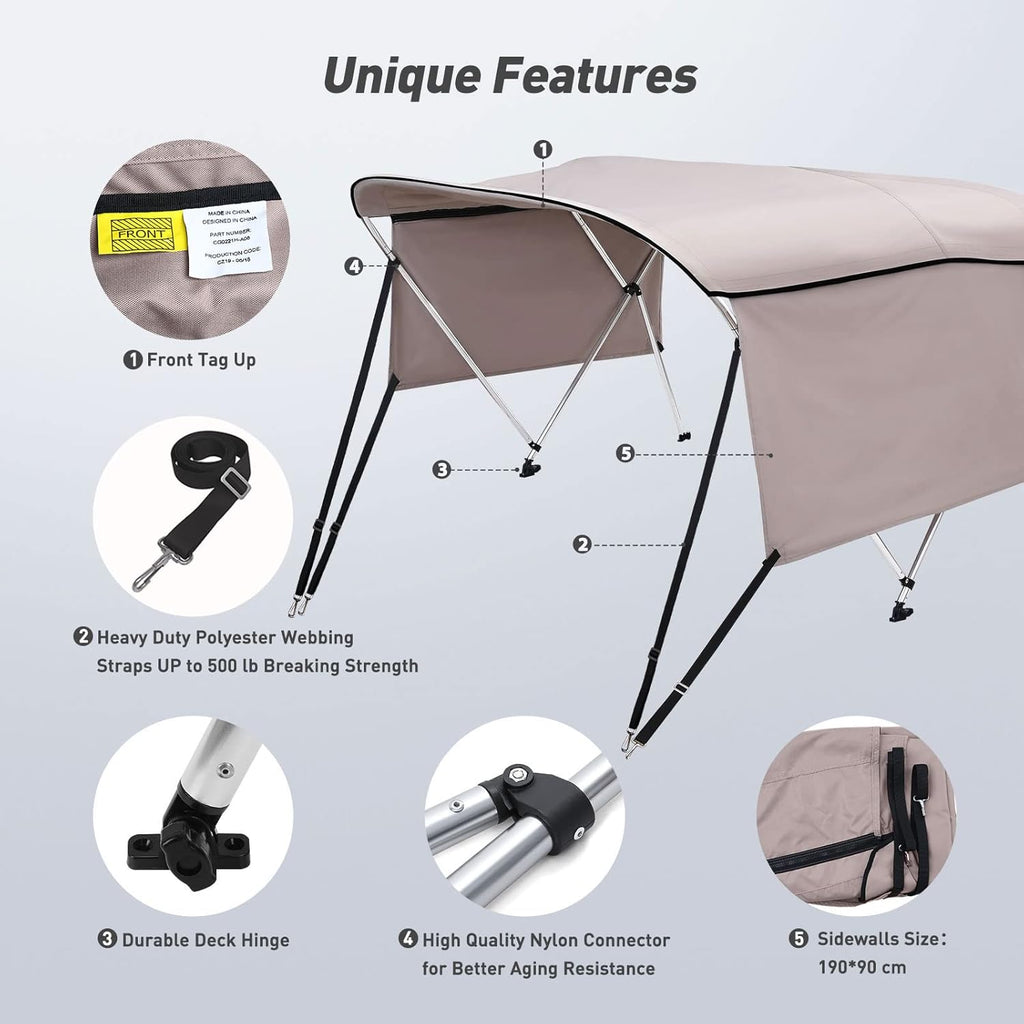 3 / 4 Bow Bimini Top Cover with Sidewalls Boat Canopy with 1 Inch Aluminum Frame G661734