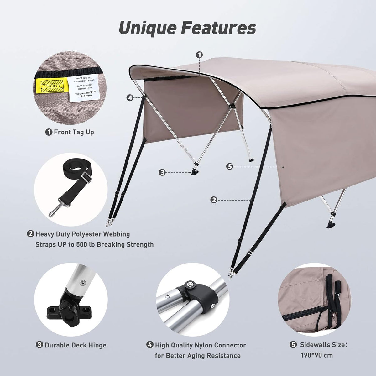 3 / 4 Bow Bimini Top Cover with Sidewalls Boat Canopy with 1 Inch Aluminum Frame G661734