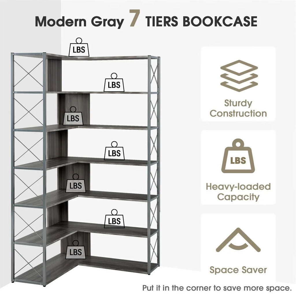 L-Shaped 7-Tier Corner Bookcase with Metal Frame S704210