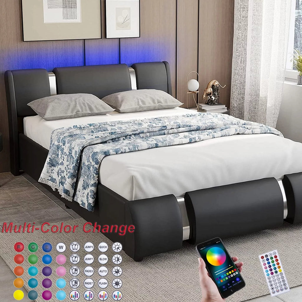 Faux Leather Full Size Platform Bed with LED Light and Adjustable Headboard B744
