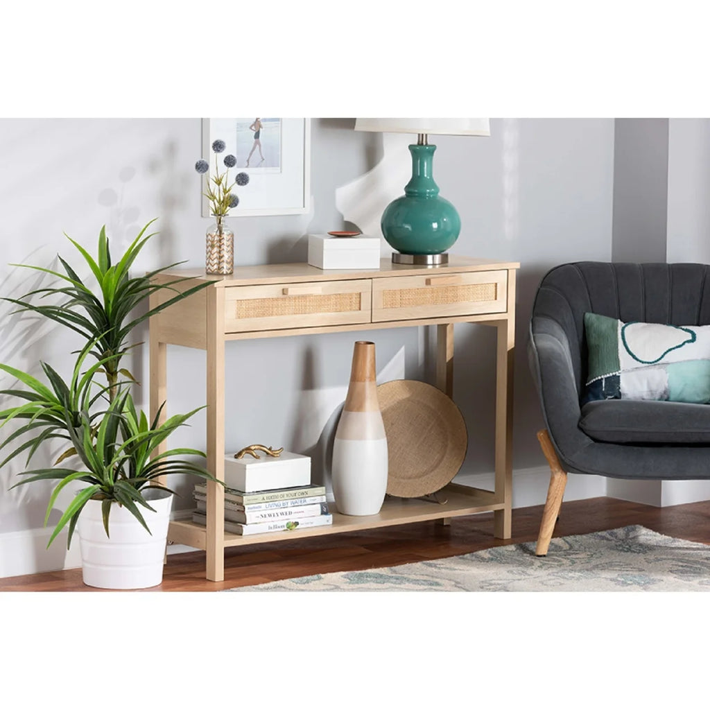 Light Brown Wood 2-Drawer Console Table with Rattan Z409592