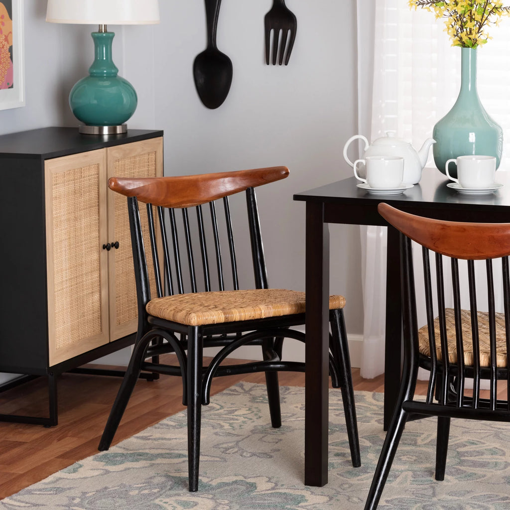 Black and Walnut Brown Wood and Rattan Dining Chair C3048