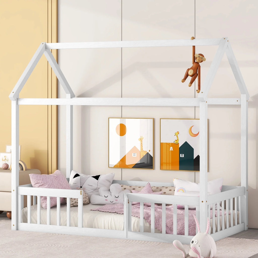Twin House Floor Bed with Rails and Door D2338
