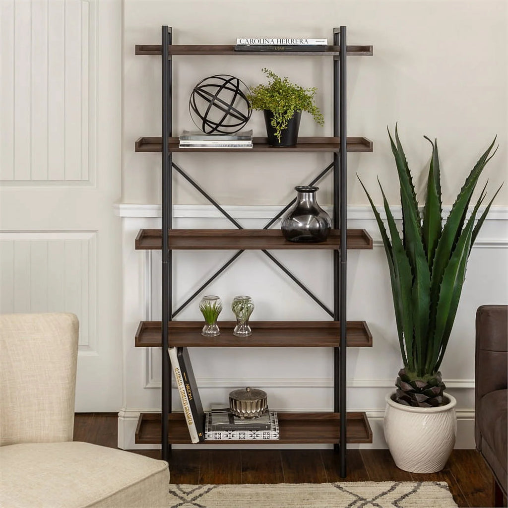 5 Shelf Dark Walnut Wood Bookshelf Set of 2 I98471