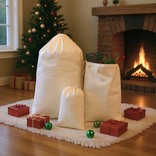 12 Pcs Christmas Sack with Drawstring Cotton Laundry Bag L54075