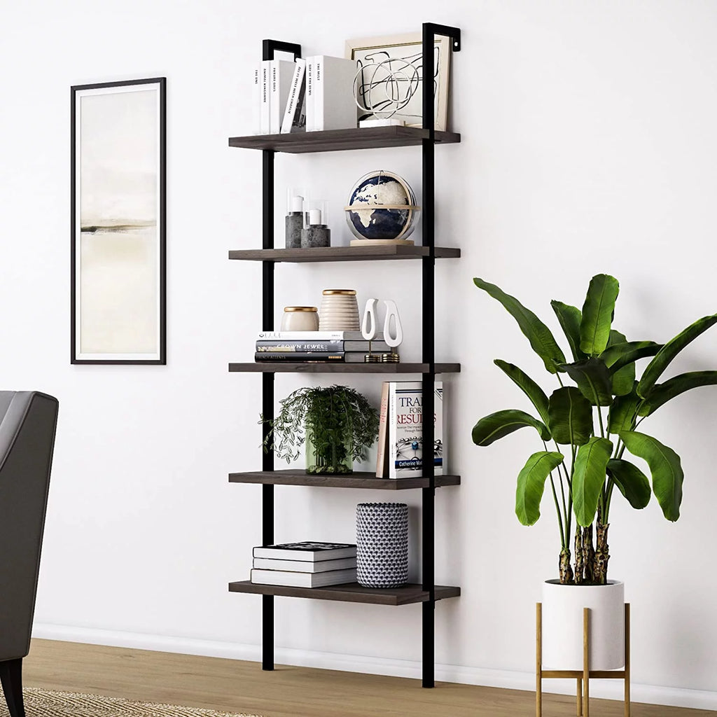 5-Shelf Wood Ladder Bookcase with Metal Frame H20282