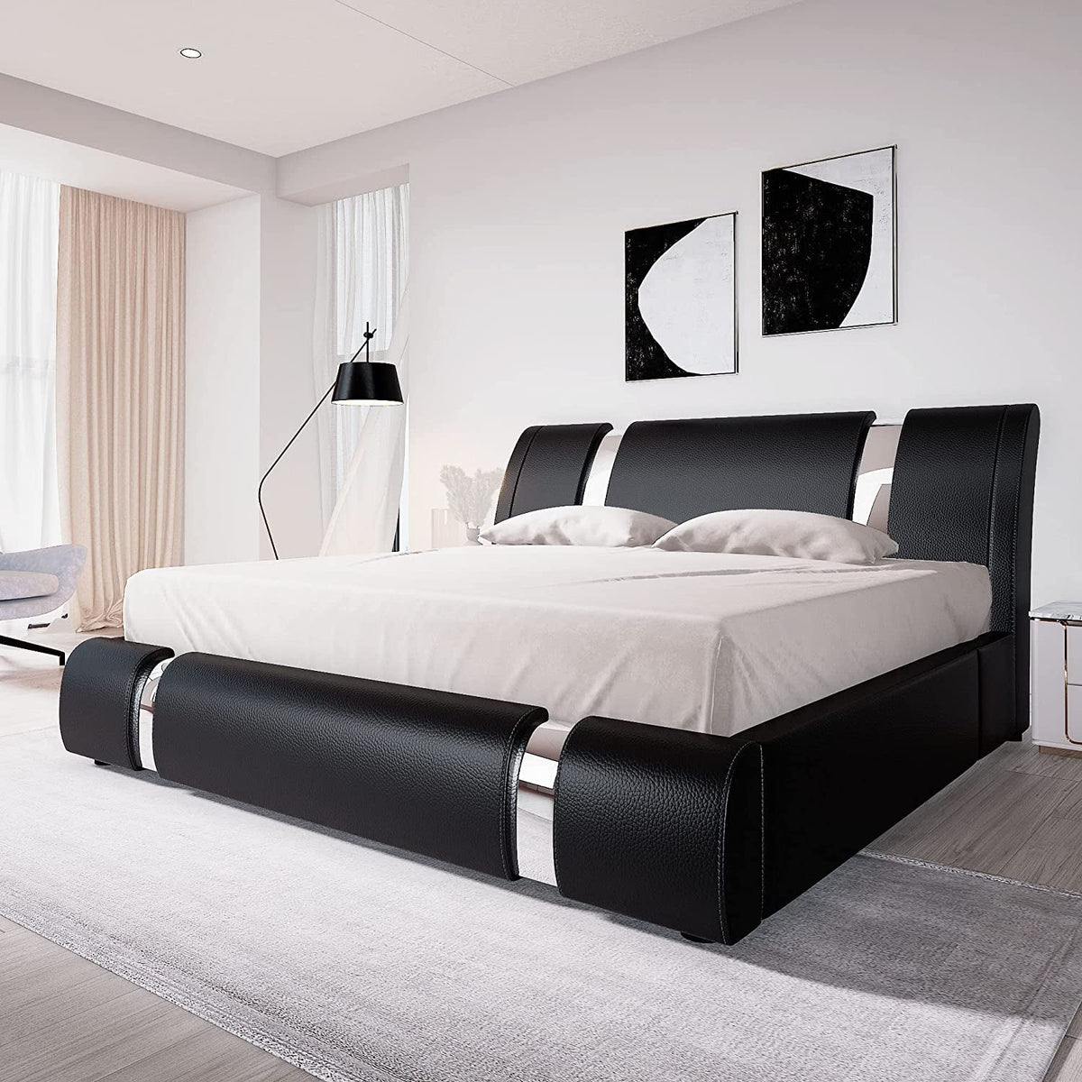 Faux Leather Full Size Platform Bed with LED Light and Adjustable Headboard B744