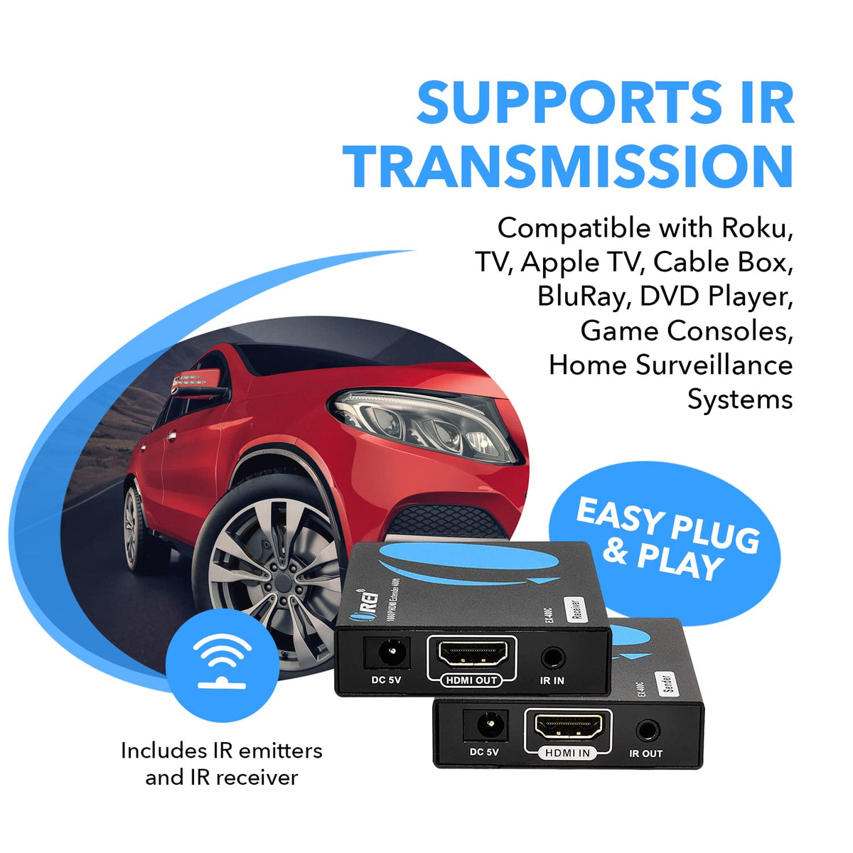 HDMI Extender Over LAN Single CAT5e/CAT6A/CAT7 Cable Uncompressed 1080p 60Hz Up to 400 Ft Transmitter and Receiver B5822